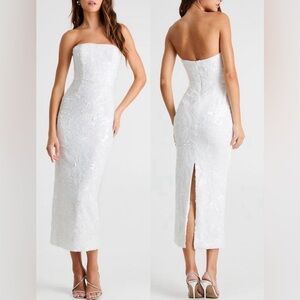 NEW Helsi White Leslie White Strapless Sequin Lace Column Midi Dress Sz Medium